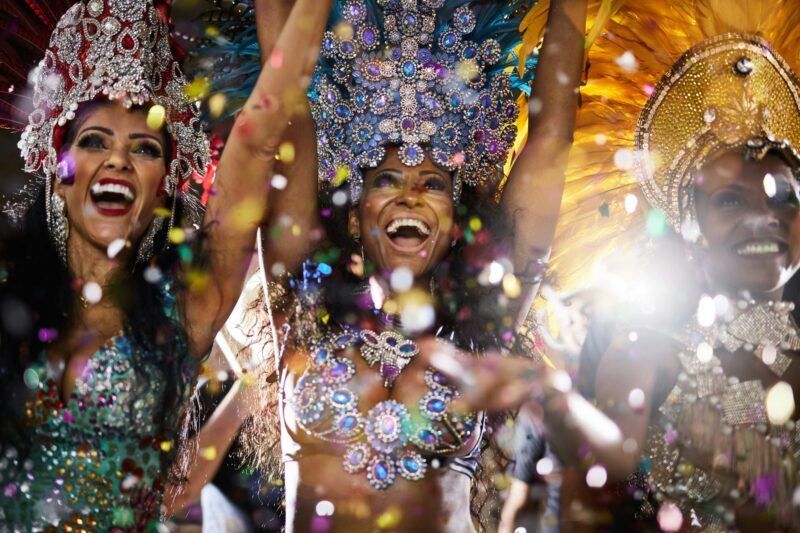 Tonight were dancing with the stars. Shot of samba dancers performing in a carnival.