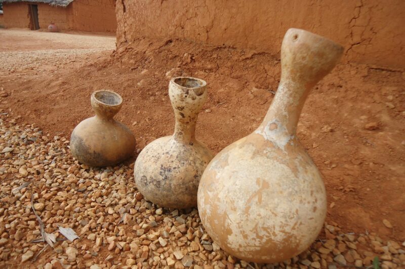 Traditional clay pots in 1700s West African Farm exhibit at Frontier Culture Museum, Staunton VA