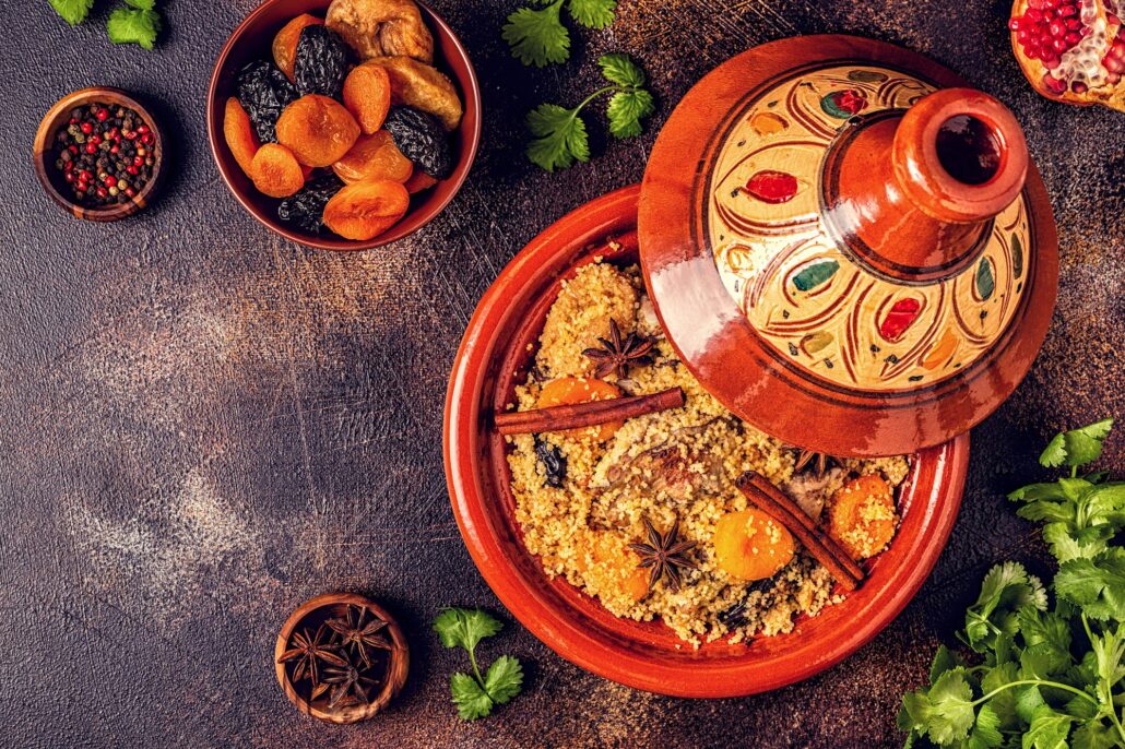 Traditional moroccan tajine of chicken with dried fruits and spices.