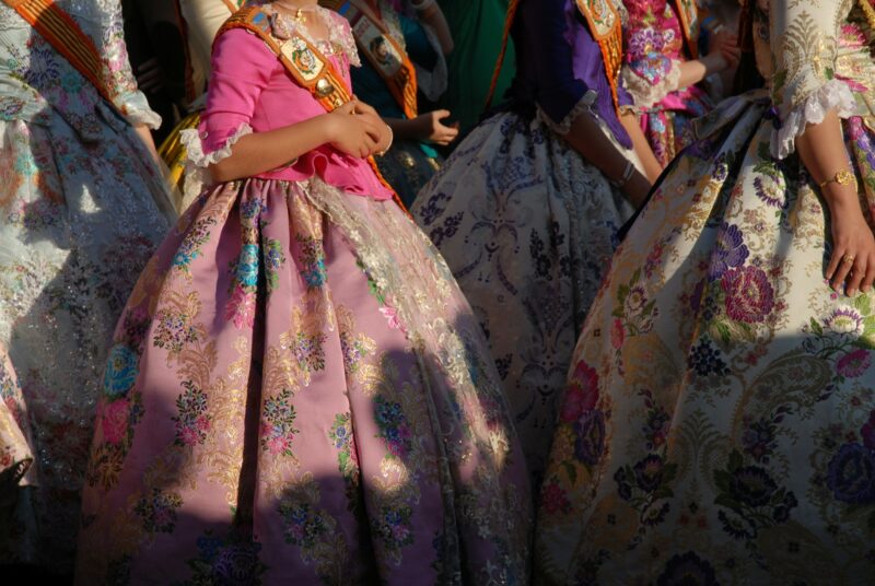 Traditional Spanish dresses, young women in traditional costume