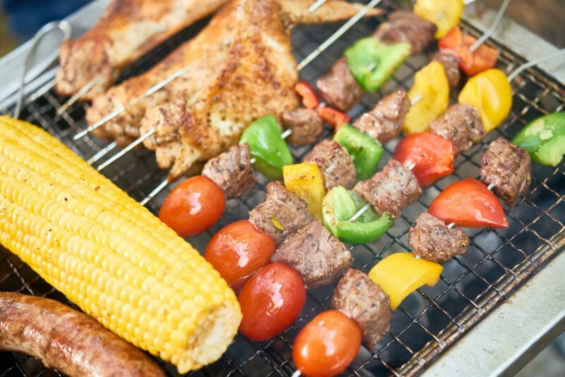 Vegetables and meat on the grill