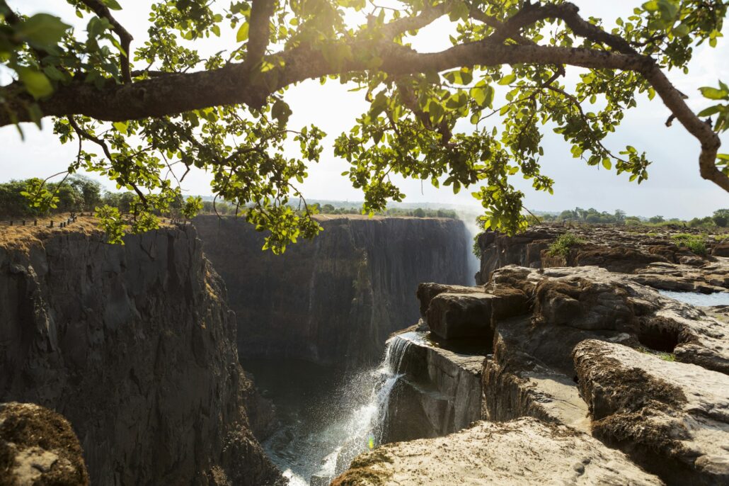 Victoria Falls from the Zambian side, view of the vertical cliffs of the river gorge.