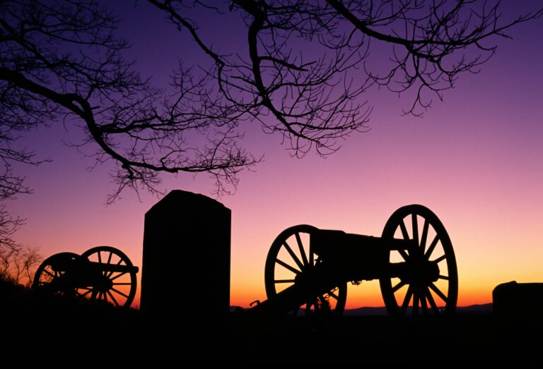 War Memorial Wheeled Cannon Military Civil War Weapon Dusk Sunset