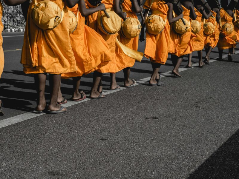 wat temple monk orange yellow walk street believe faith heritage religious ceremony budha hindu indi