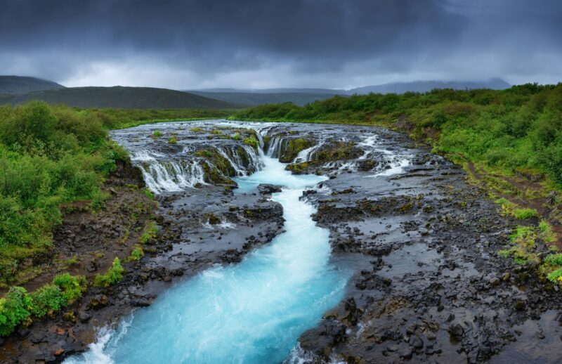 Waterfall and river in the Iceland