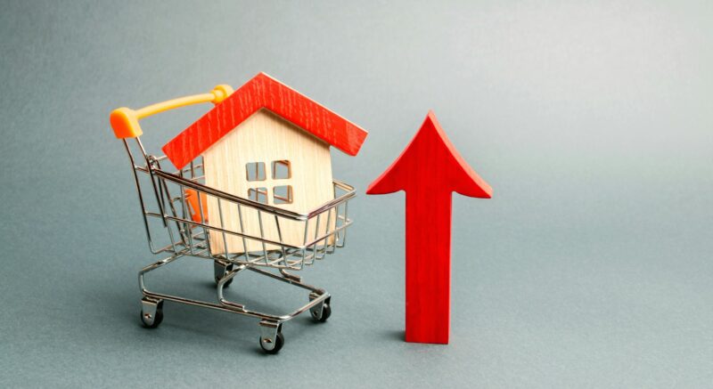 Wooden house in a supermarket trolley and red arrow up