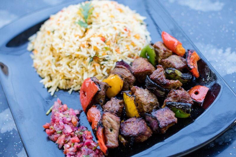 rice, shish kebab, african food