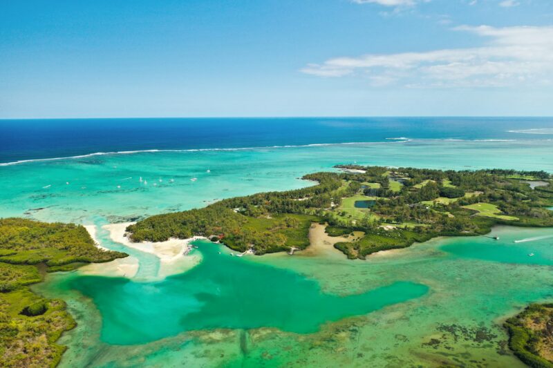 Aerial picture of the east coast of Mauritius Island. Beautiful lagoon of Mauritius Island shot from