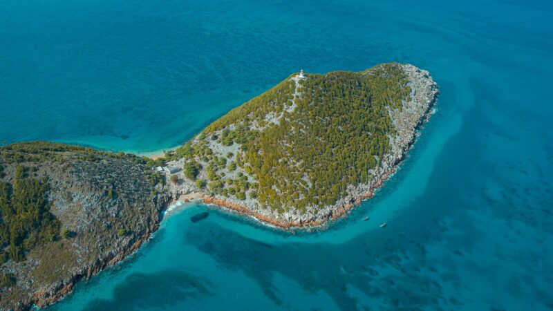 Aerial view of a rocky island in clear water, San-Tome and Principe