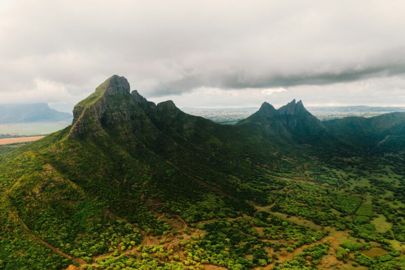 Aerial view of mountains and fields in Mauritius island