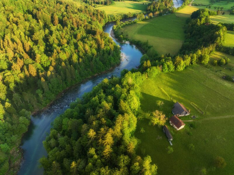Aerial view of the river on a beautiful spring morning