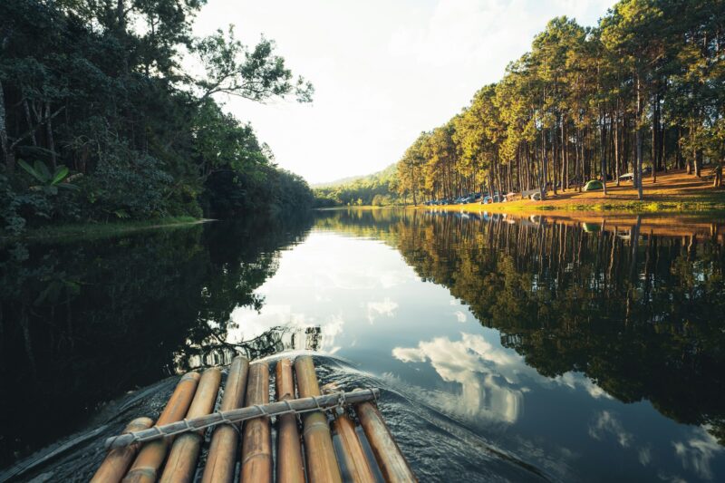 bamboo raft in the water, nature tourism