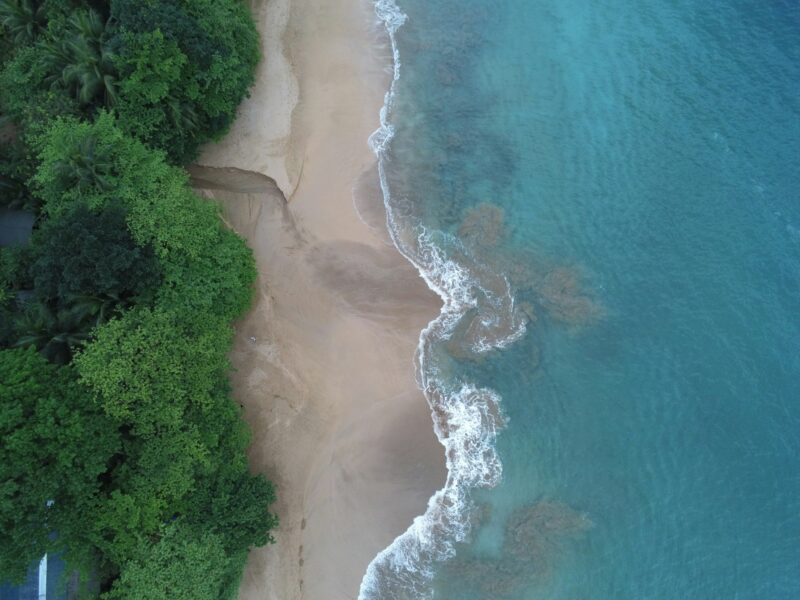 Bird's eye view of the sandy beach and turquoise water. Ilha do Principe, Sao Tome and Principe.