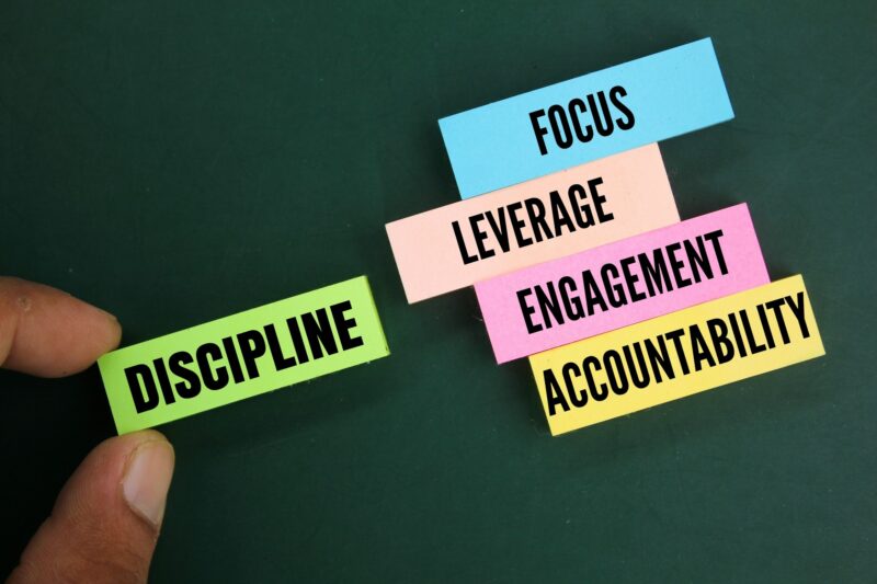 colored paper with The 4 Disciplines of Execution. Focus, leverage, engagement and accountability