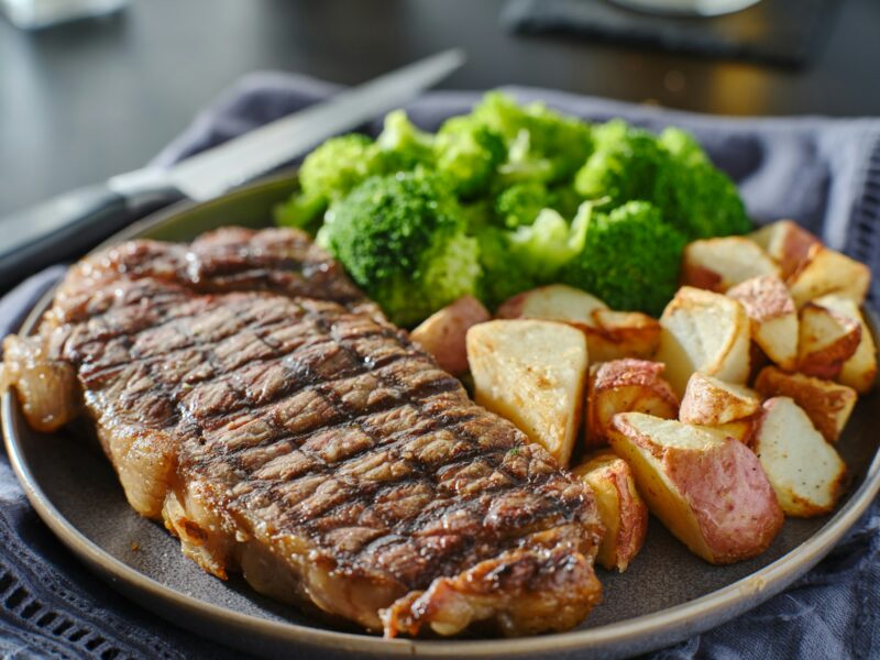 grilled new york steak with broccoli and roasted potatoes