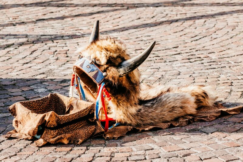 Headdress in american style with horns. Part of traditional costume lying on the ground with box for