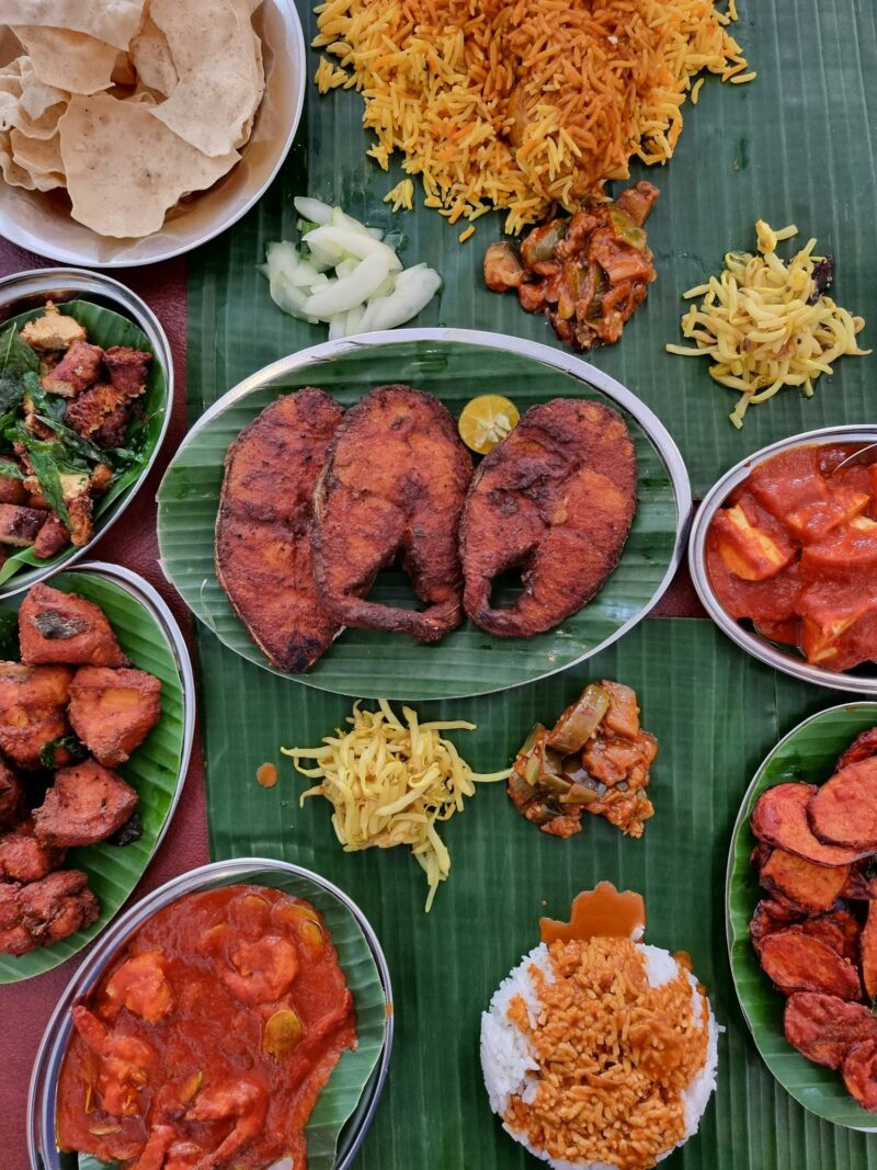 Indian cuisine and banana leaves rice