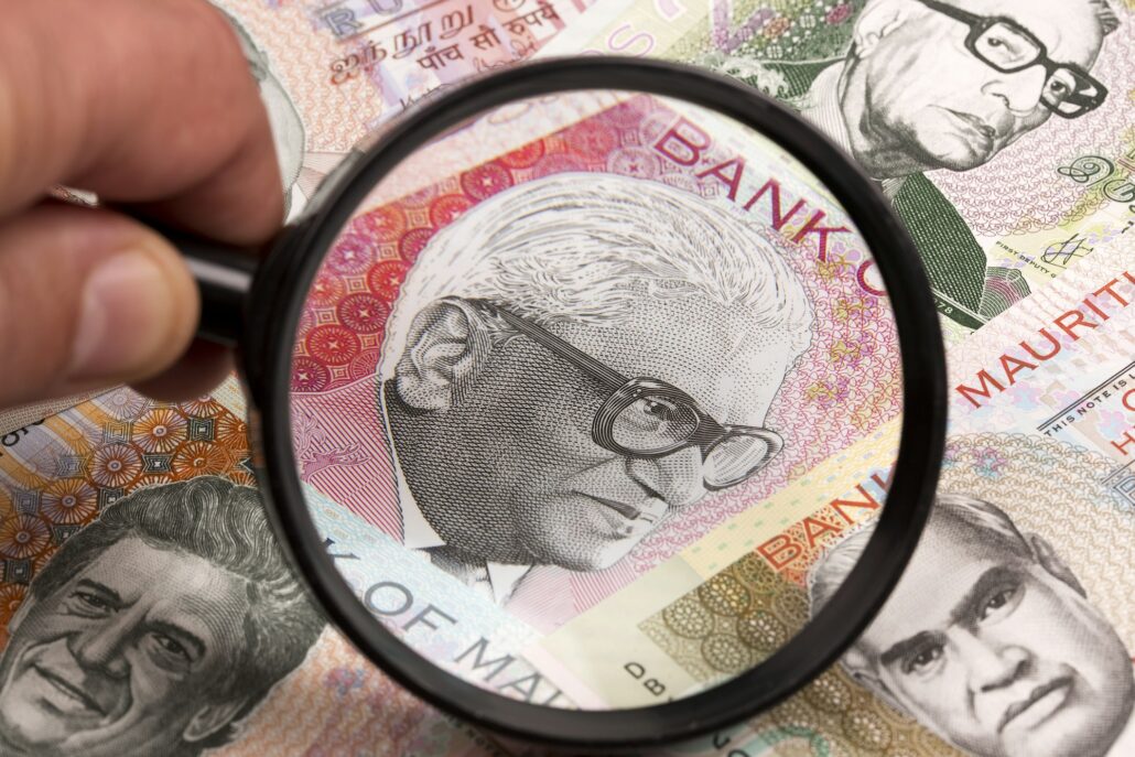 Mauritian rupee in a magnifying glass