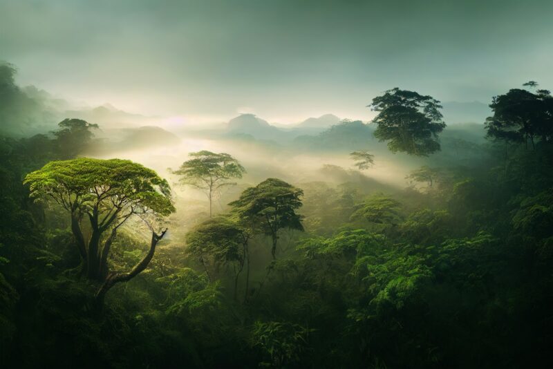 Misty jungle rainforest from above in the morning.