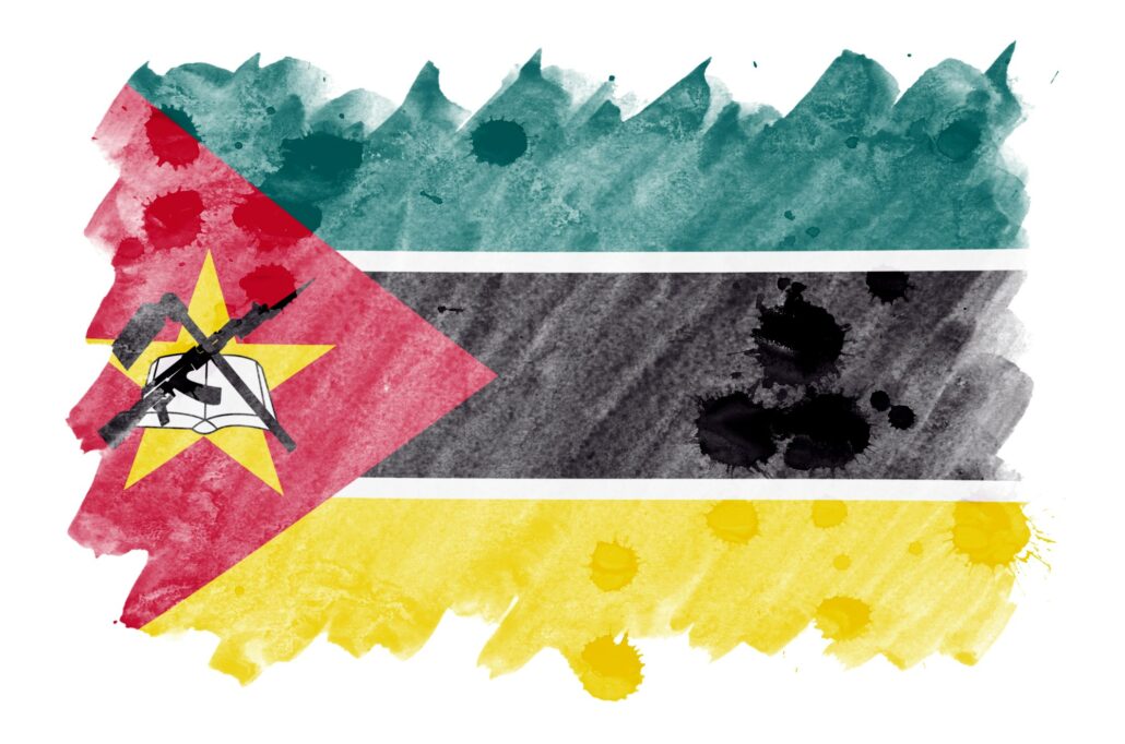 Mozambique flag is depicted in liquid watercolor style isolated on white background