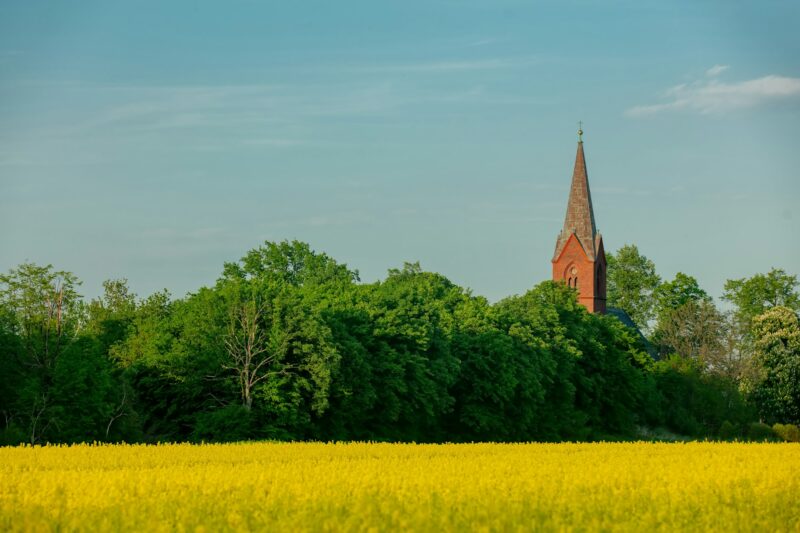 Old Christianity church and rapeseed field in Lower Lisesia, Poland