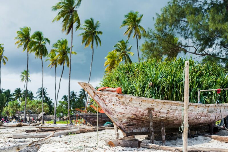 old wooden fishing boat with paddles on a beach