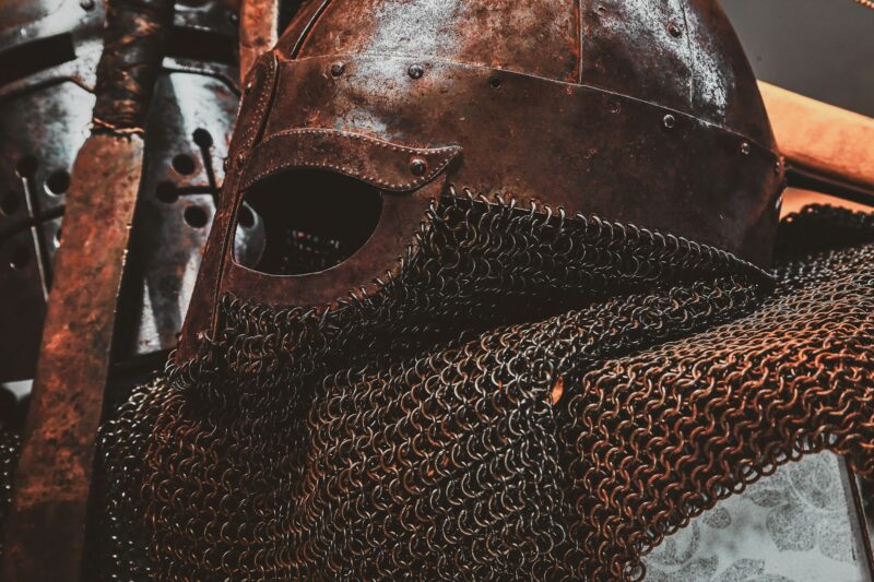 Photo of ancient helmet with chain mail.