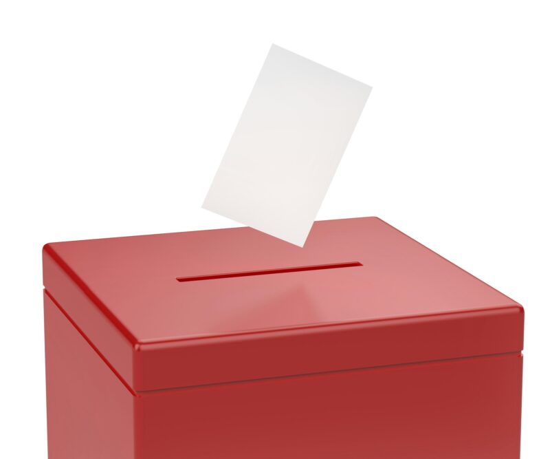 Red ballot box with voting paper