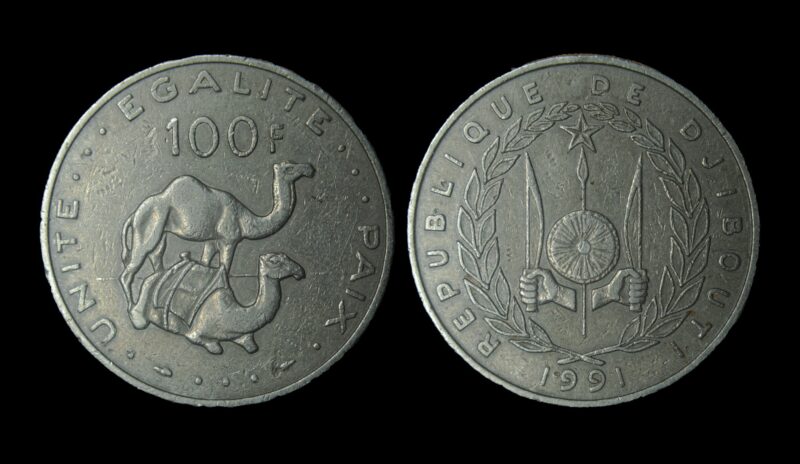 Republic of Djibouti franc coin, Djibouti coat of arms and two dromedaries