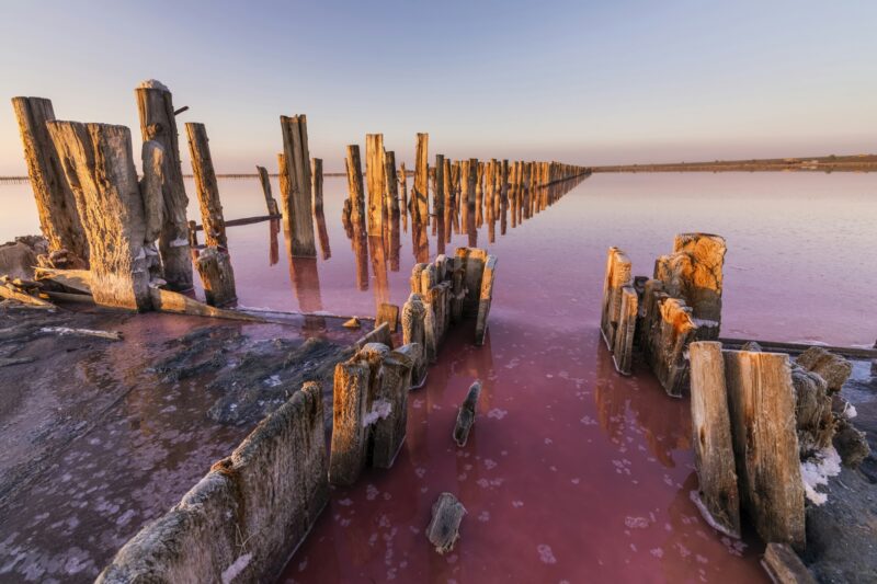 Salt on a pink salt lake at sunset. Pink Salt Lake Hutt Lagoon
