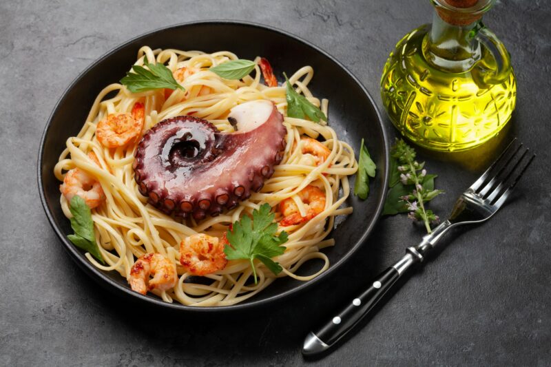 Seafood pasta with octopus and shrimps