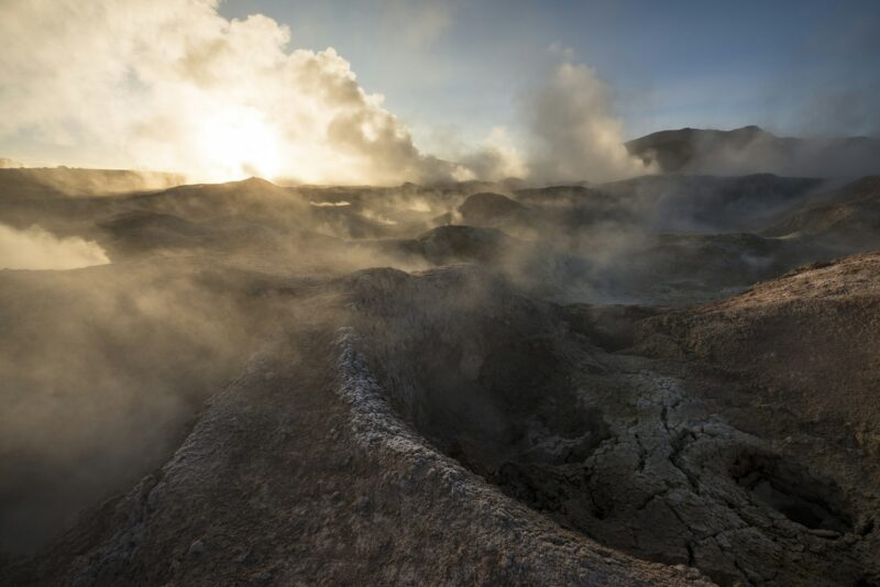 Sol de Manana Geyser at dawn, Eduardo Avaroa Andean Fauna National Reserve, Bolivia, South America