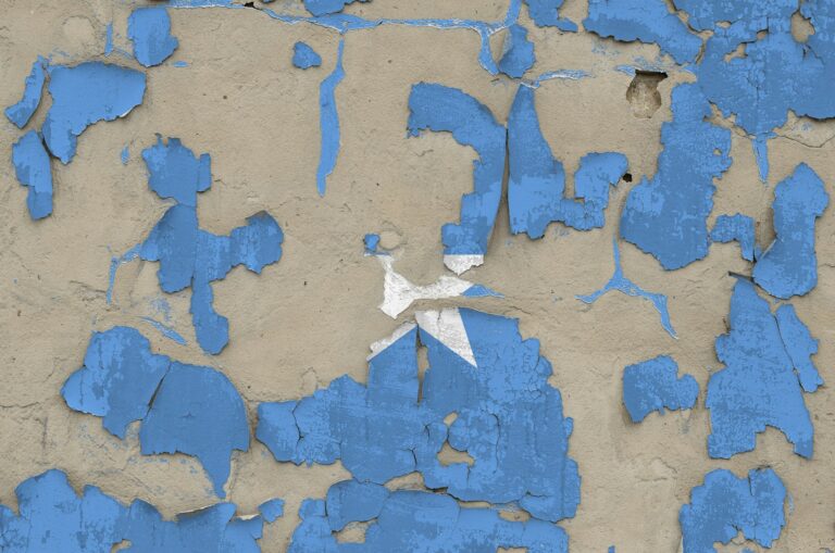 Somalia flag depicted in paint colors on old obsolete messy concrete wall close up