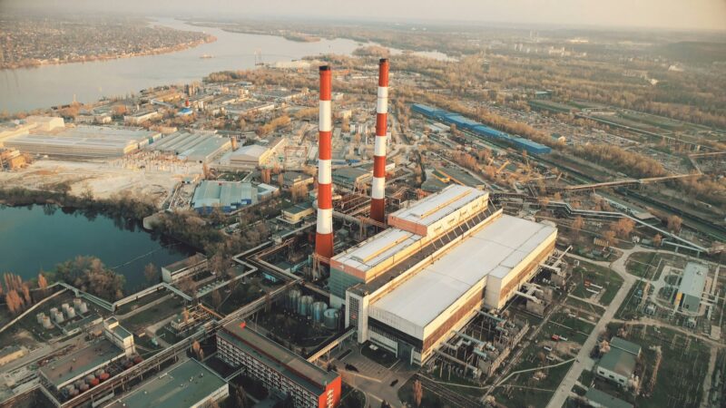 steel plant on river bank urban sight aerial view