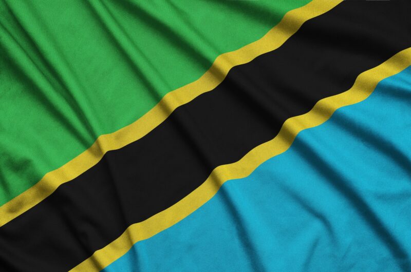 Tanzania flag is depicted on a sports cloth fabric with many folds. Sport team waving banner