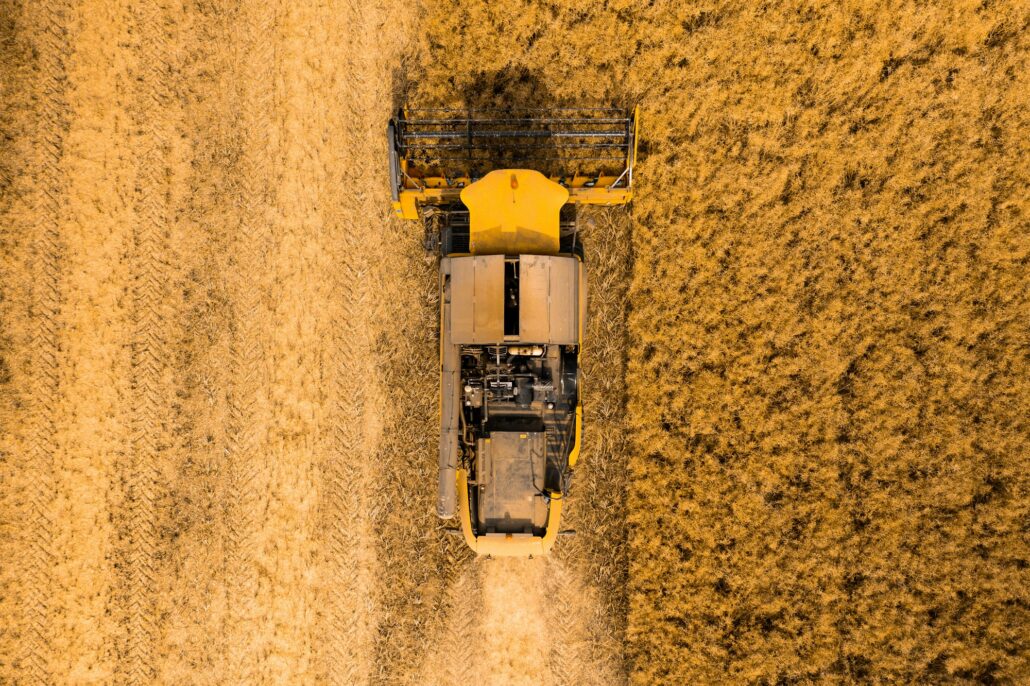 Top view of a combine harvester harvesting wheat from a field