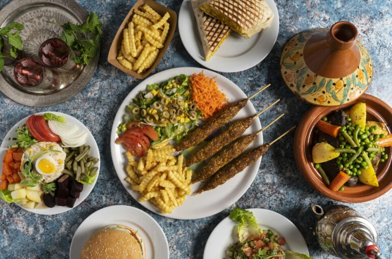 Top view of delicious Moroccan cuisine dishes