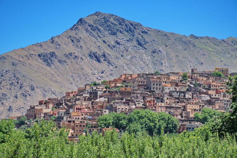 Townscape of Imlil in Morocco with High Atlas mountains in the background
