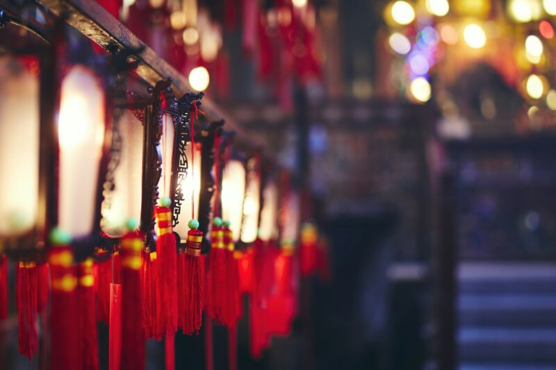 Traditional Chinese lanterns with blessings in temple
