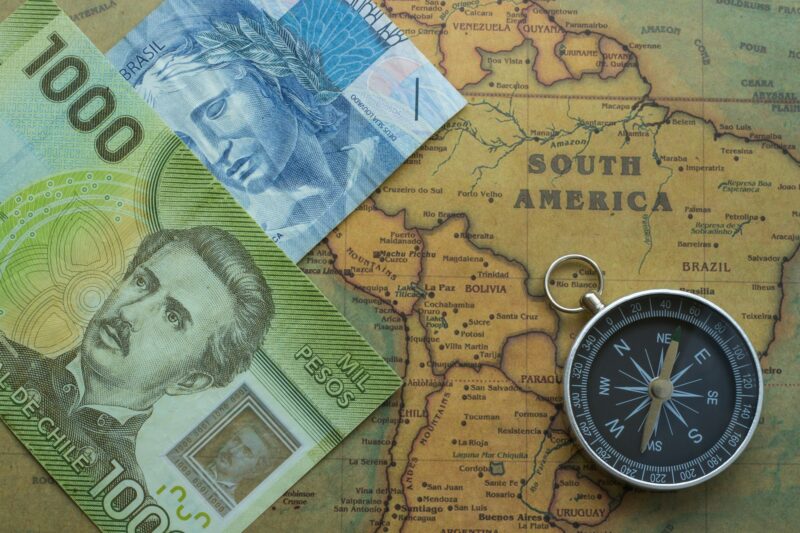 Vintage map of south America with money and compass