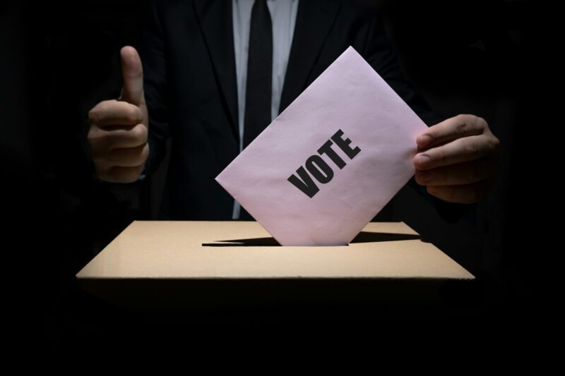 Voters in suits using voting.